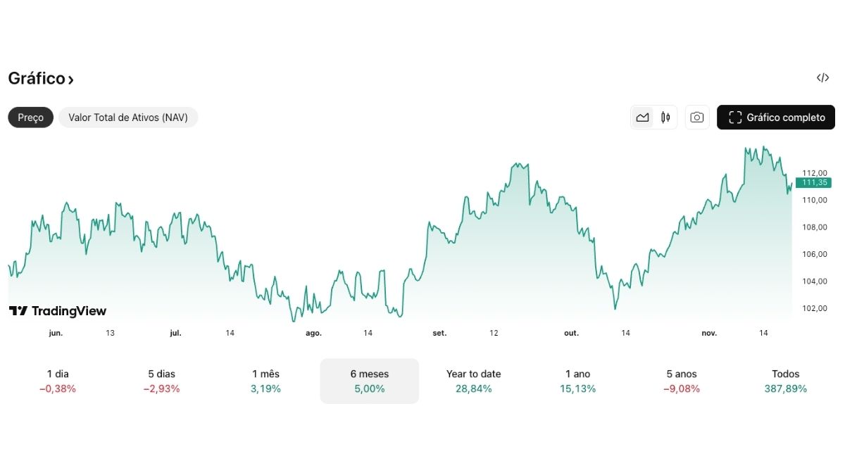 Gráfico de desempenho do ETF SMAL11 em 2025 mostrando recuperação das small caps brasileiras