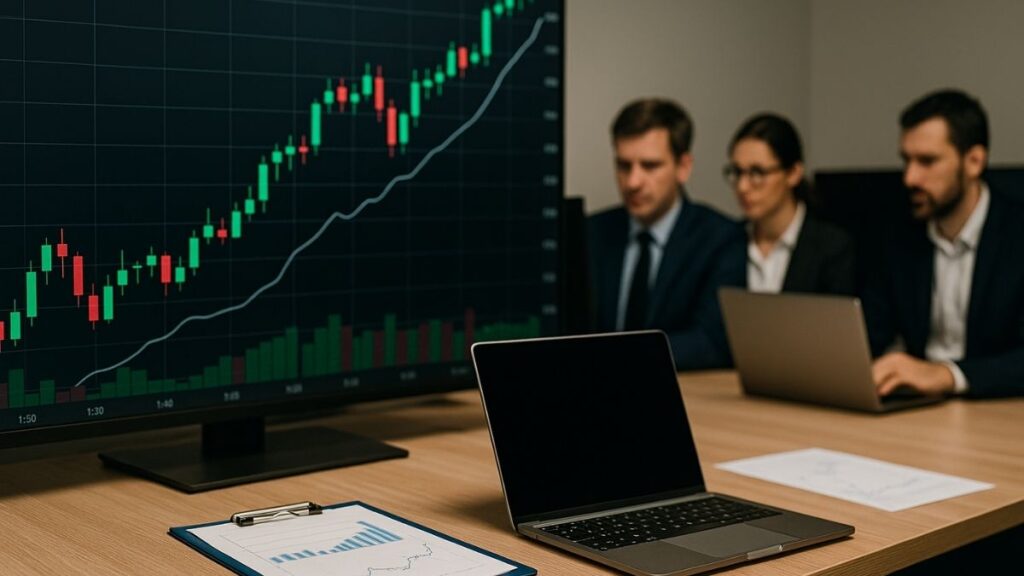 Sala de trading com gráficos financeiros em alta e analistas trabalhando