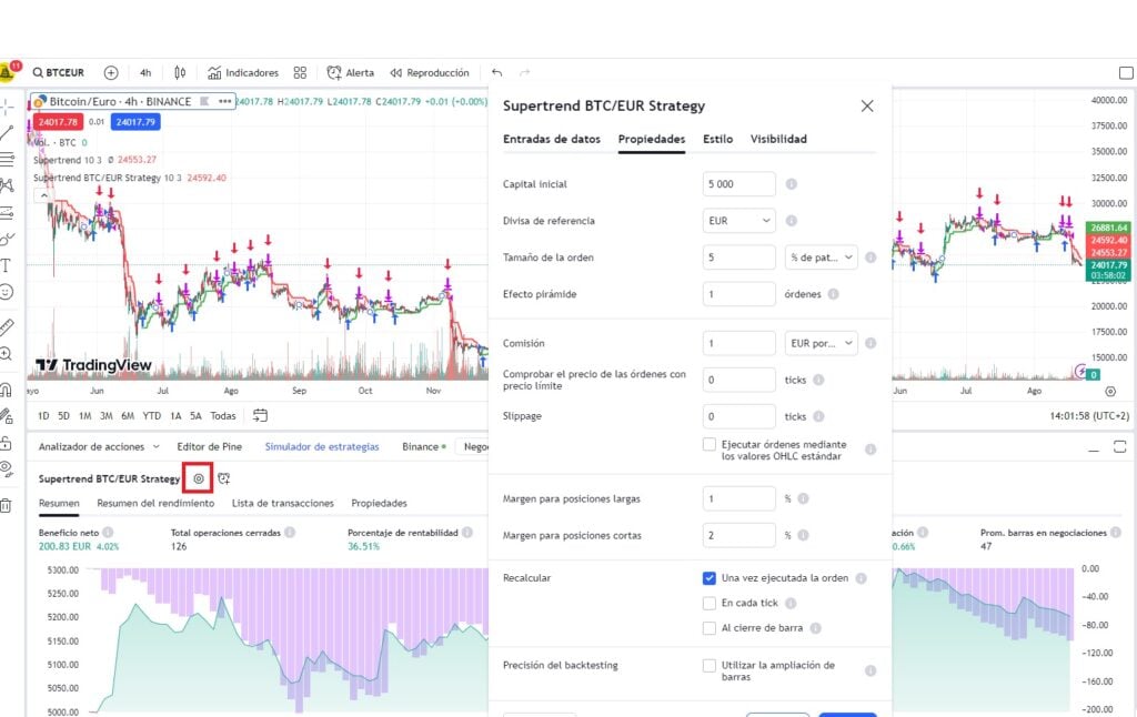 Configuração no TradingView para otimizar a tabela de resultados da estratégia, ajustando parâmetros de gerenciamento de risco.