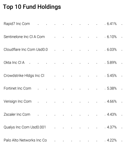 Tabela listando as principais posições do ETF Foxberry Tematica Research Cybersecurity & Data Privacy, com os nomes das empresas e sua respectiva porcentagem de alocação no portfólio.
