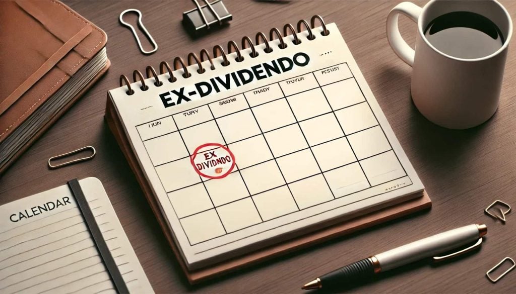 Calendário de mesa com células em branco e o rótulo 'Ex-Dividendo' no topo, cercado por uma xícara de café, uma caneta e outros objetos de escritório.