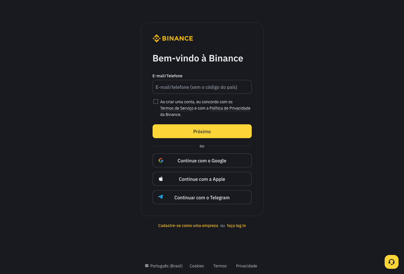 Página inicial da Binance.com