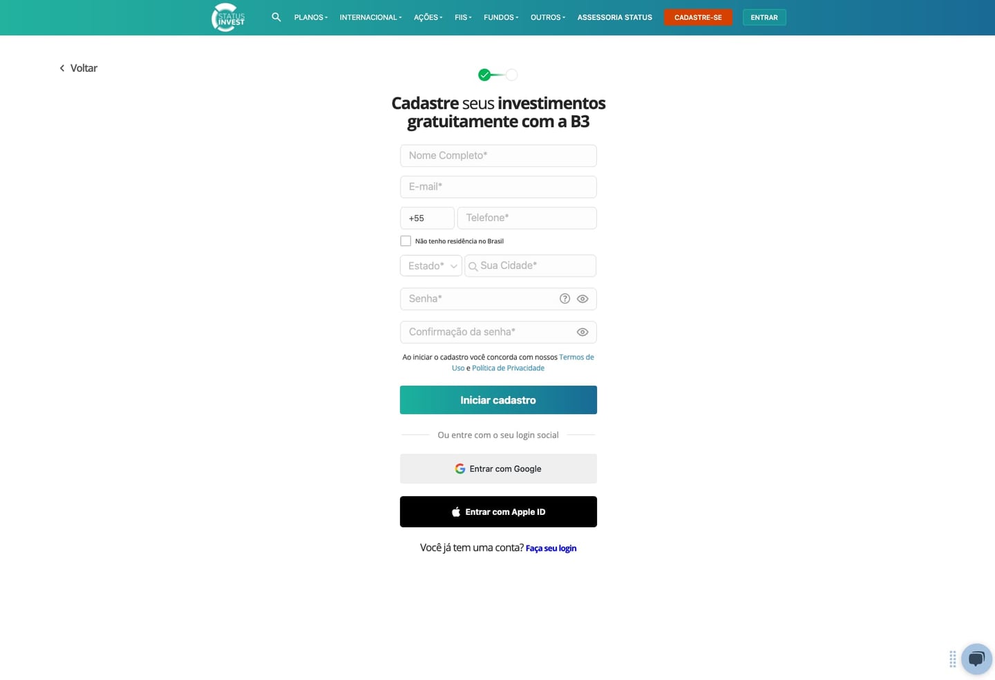 Status Invest cadastro