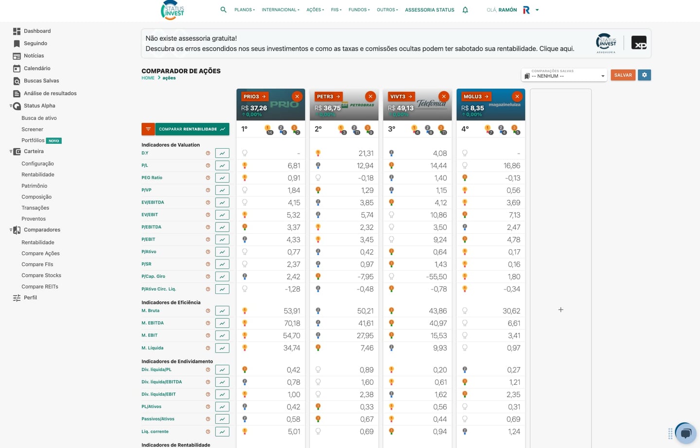 Comparação de ações no Status Invest