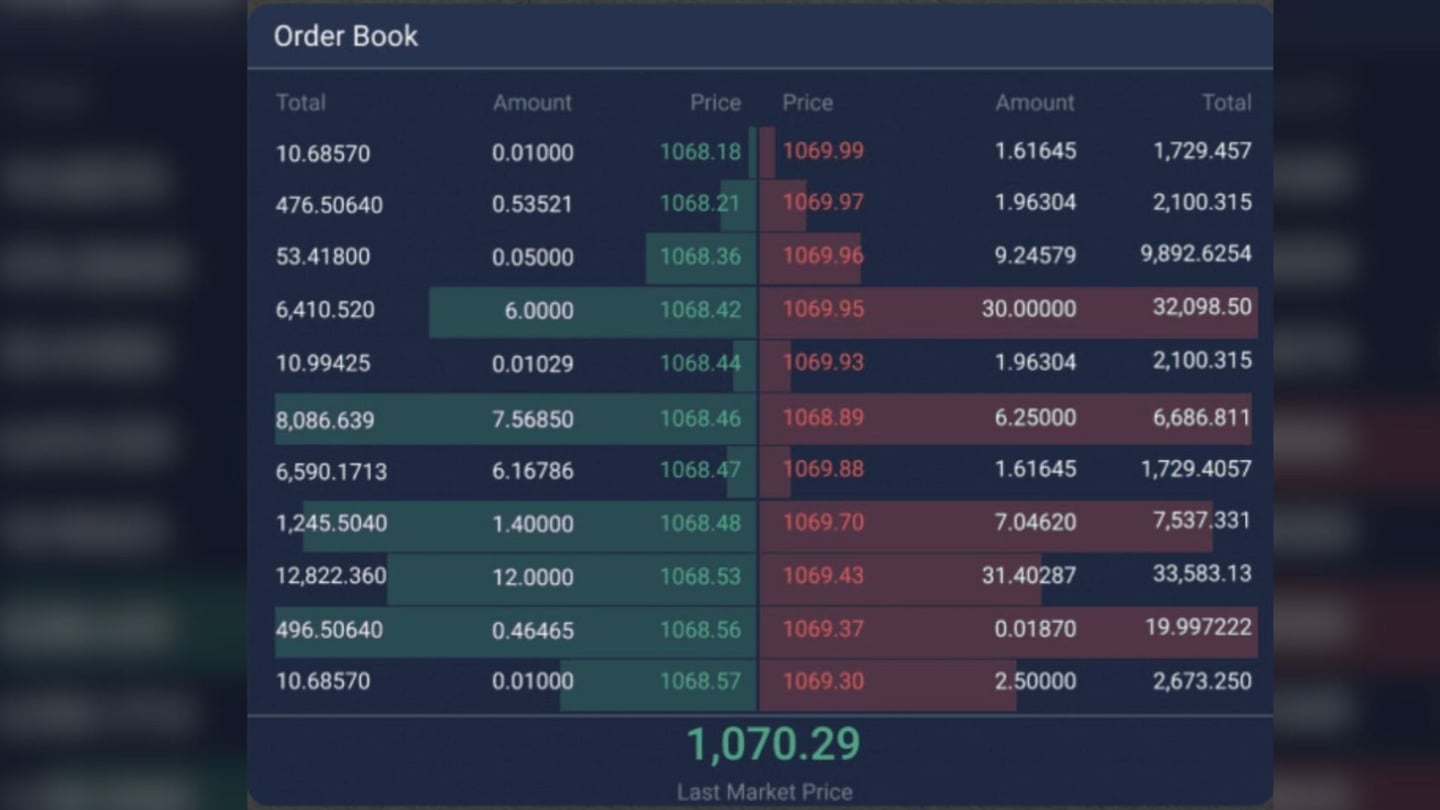 Visualização de um book de ofertas avançado com níveis de liquidez e profundidade de mercado em tempo real.