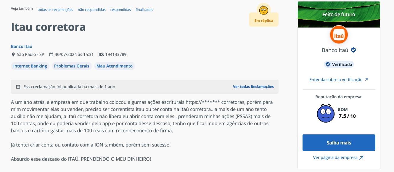 Itaú Corretora na Reclame Aqui