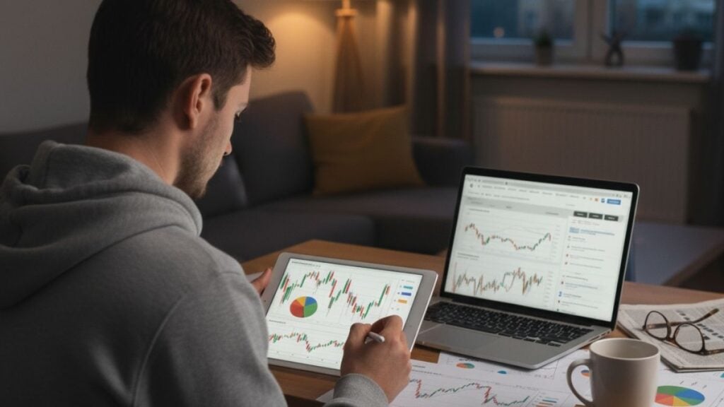 Jovem investidor revisando gráficos e opções de investimento em tablet e notebook, gerenciando seu portfólio de casa em ambiente de varejo