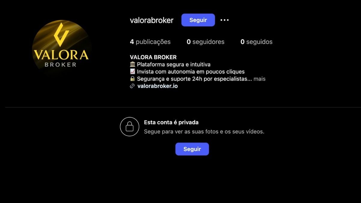 Perfil do Instagram da Valora Broker, com 4 publicações, 0 seguidores e conta privada.