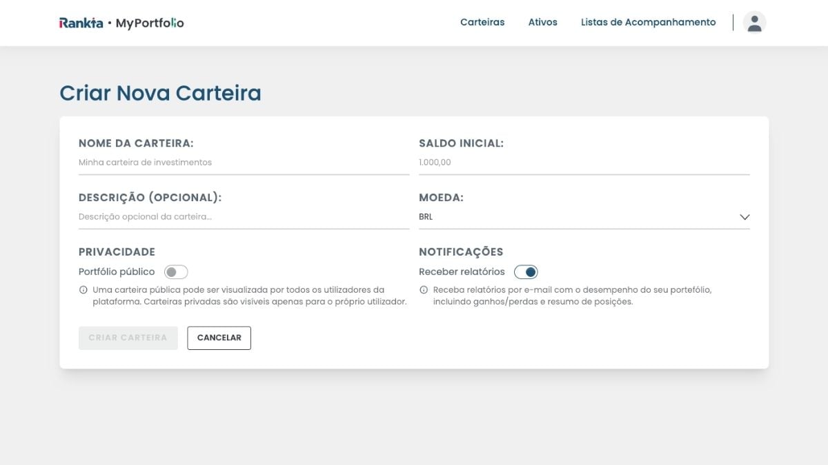criar nova carteira rankia myportfolio