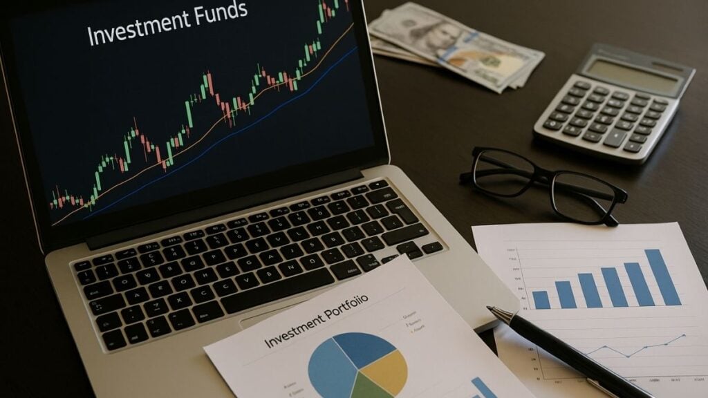 Mesa profissional com laptop exibindo gráfico de investimentos e documentos financeiros, representando análise de FIIs, FI-Infra e Fiagro para dezembro de 2025.