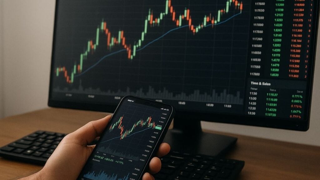 Gráfico de ações em tempo real no computador e no celular com candlesticks e volume.