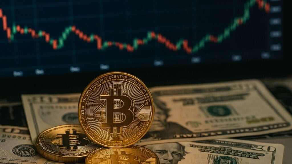 Bitcoin em destaque sobre notas de dólar com gráfico de velas ao fundo, representando o mercado de criptomoedas em dezembro de 2025.