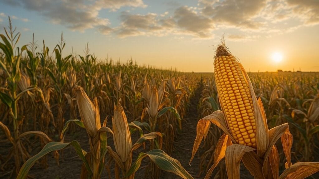 Campo de milho ao entardecer com fileiras de plantas verdes e silos ao fundo, representando agricultura e investimento.