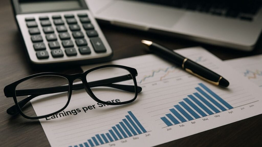 Mesa de trabalho com calculadora, óculos e gráficos de Lucro por Ação (LPA) usados na análise fundamentalista.