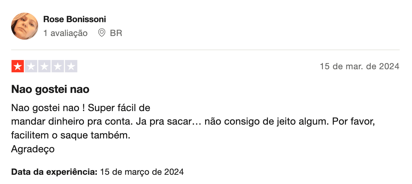 Comentario no trustpilot da corretora deriv