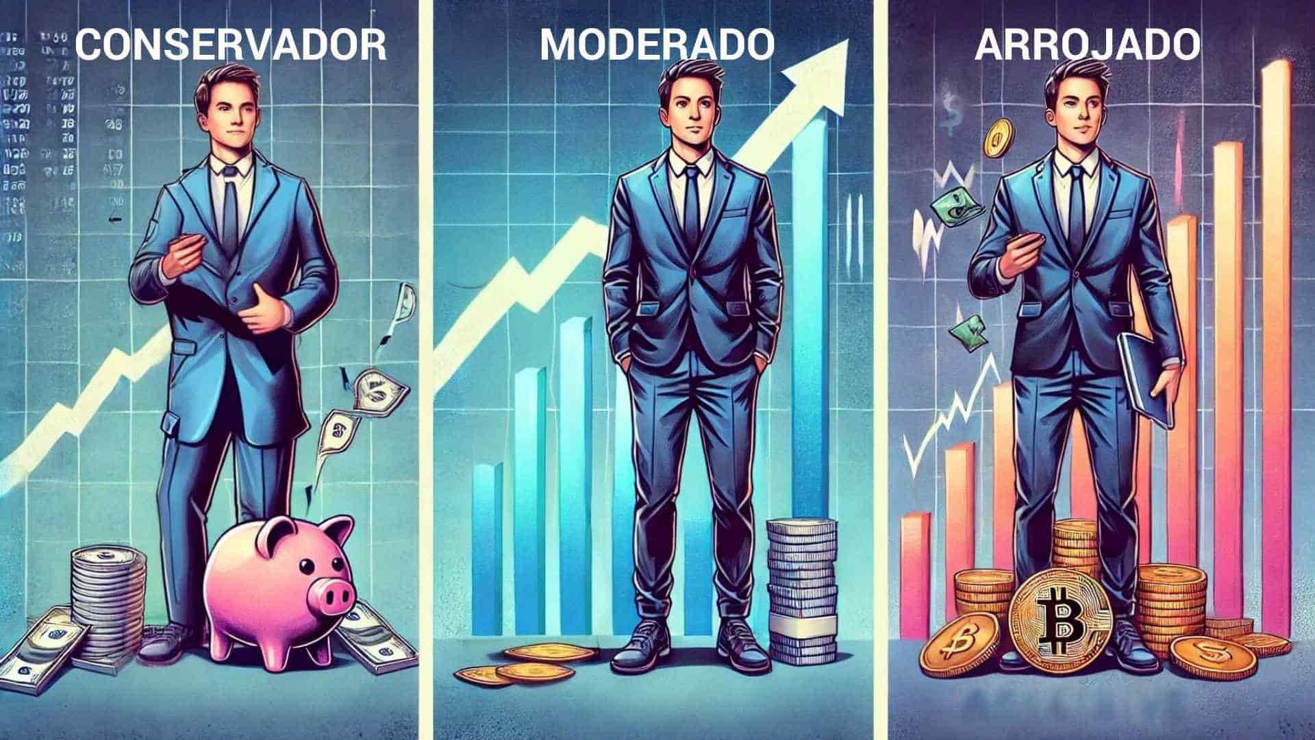 Imagem mostrando três perfis de investidores: conservador ao lado de um cofrinho, moderado equilibrando ações e títulos, e agressivo segurando criptomoedas com gráficos de volatilidade ao fundo.