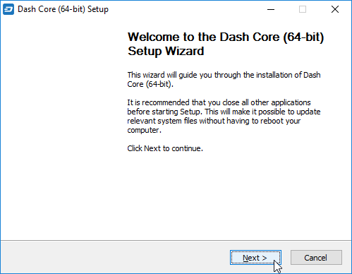Assistente de instalação do Dash Core Wallet exibindo as opções de configuração.