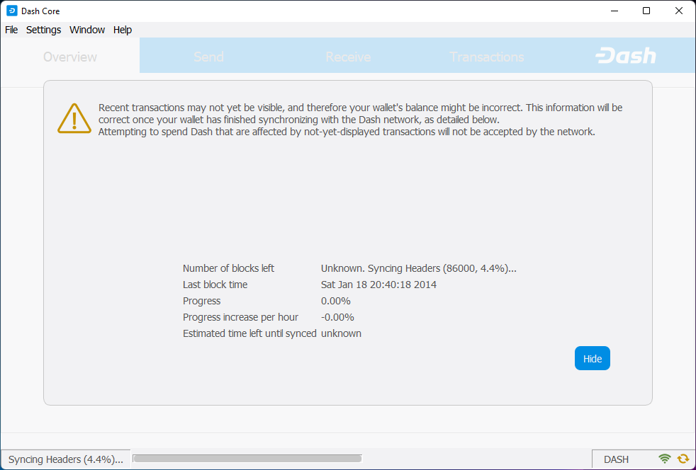Dash Core Wallet sincronizando pela primeira vez. Este processo pode levar vários minutos
