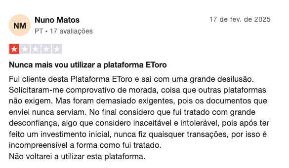 Avaliação negativa: exigências excessivas de verificação | Fonte: Trustpilot
