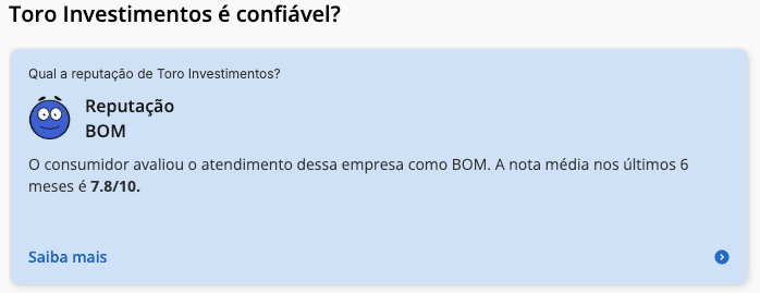Reputação de Toro Investimentos na 'Reclame Aqui'