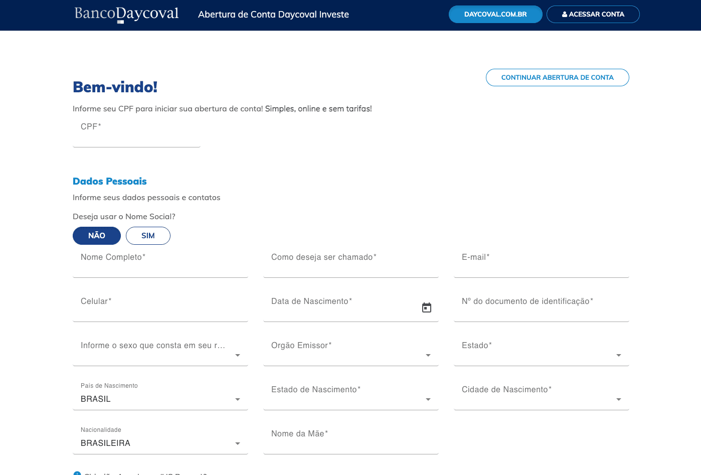 Abertura de Conta Daycoval Investe