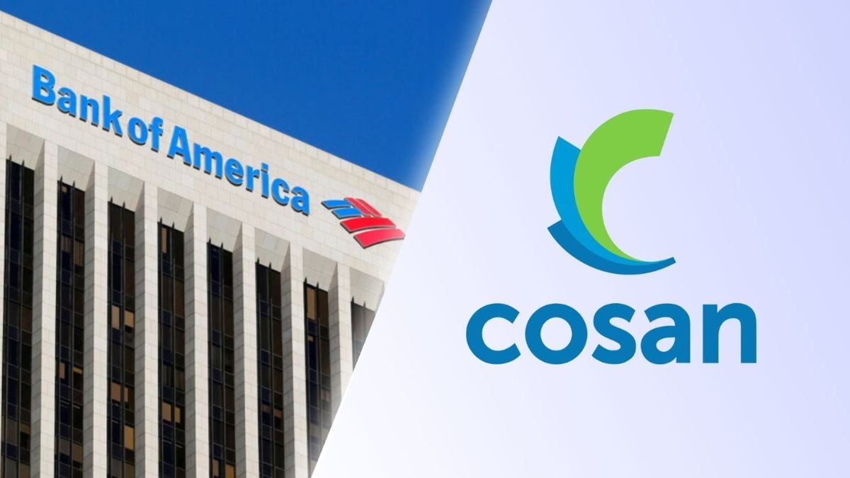 Logotipo do Bank of America ao lado da marca Cosan (CSAN3), destacando análises de mercado sobre a empresa brasileira.