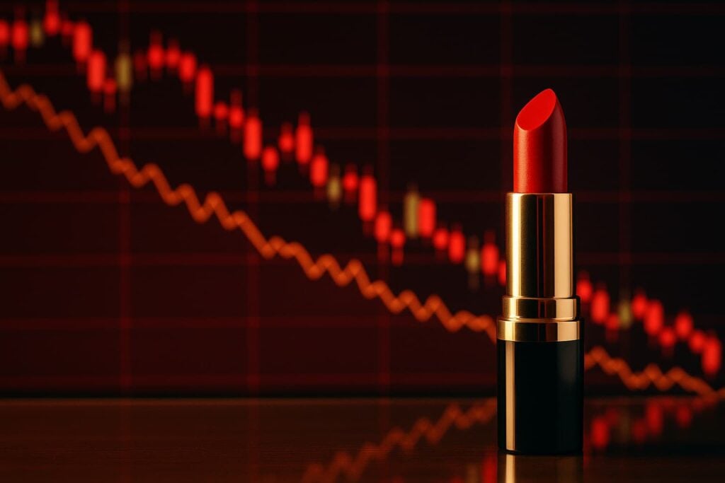 Batom vermelho sobre mesa de vidro com gráfico financeiro em queda ao fundo.