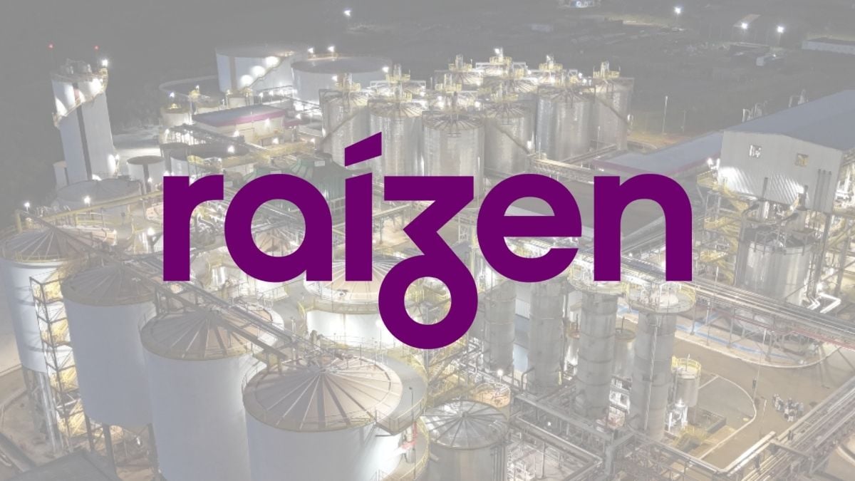 Logotipo da Raízen sobre imagem de usina de etanol e açúcar, principal subsidiária da Cosan.