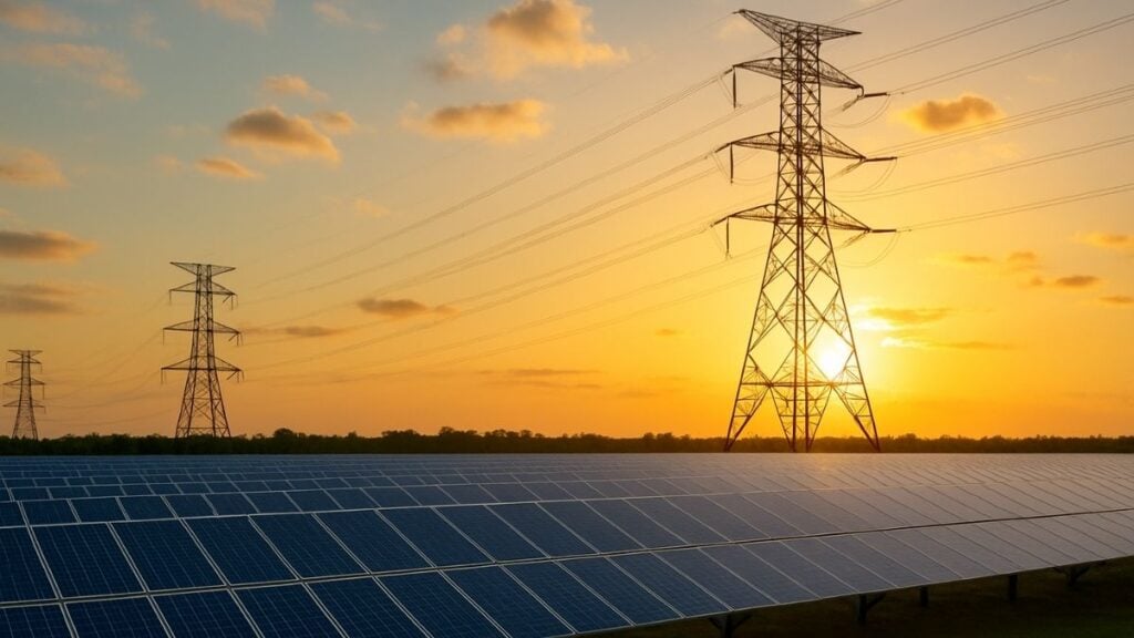 Painéis solares e torres de energia ao pôr do sol, representando a transição energética no Brasil.