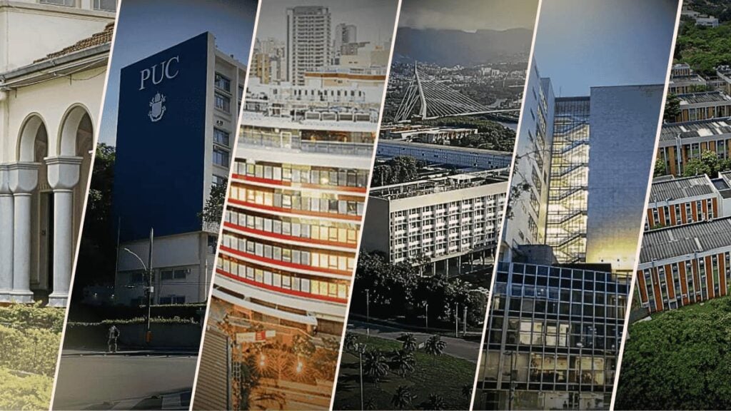 Ranking das melhores universidades brasileiras, com imagens de USP, Unicamp, UFRJ, UFRGS, UFMG, FGV, Insper e PUCs