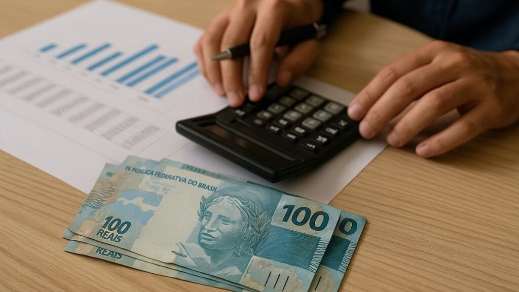 Mesa com cédulas de real brasileiro, calculadora e relatórios financeiros, representando investimentos no Tesouro Direto em 2025.